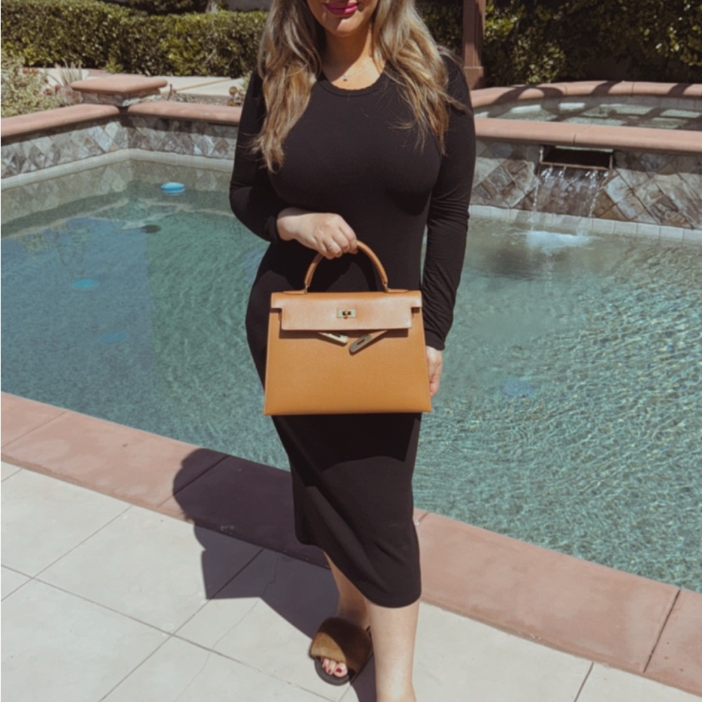 Black Dress with Tan Handbag
